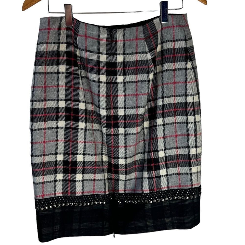 Per Se Plaid Wool Skirt Zip Back Slit Studded Detail Black Trim Sz 4